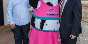 Wilfred Chivell, Samantha the Two Oceans Aquarium Penguin mascott and Minister of Tourism, Derek Hanekom
